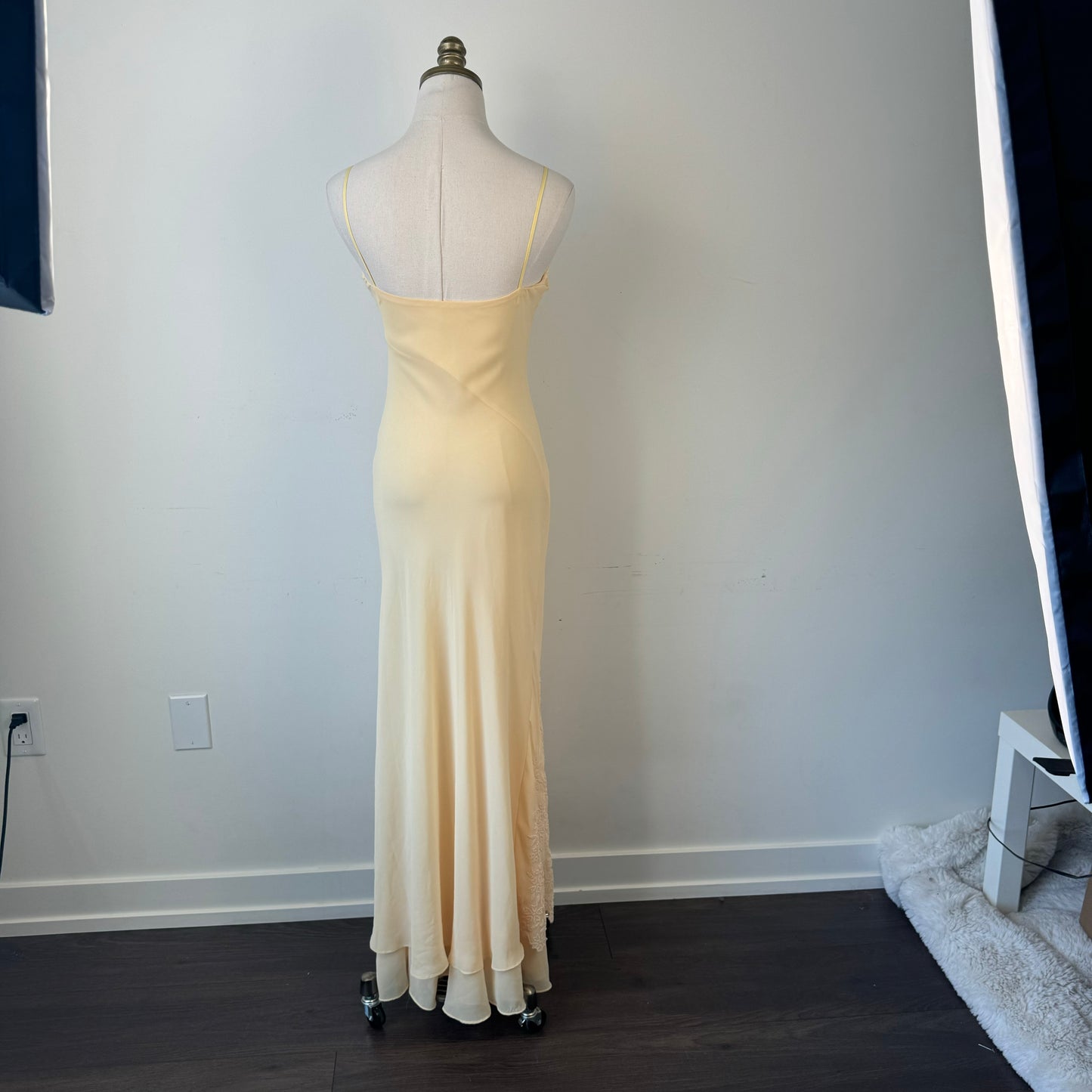 Vintage Butter Yellow Chiffon Beaded Mesh Maxi Dress