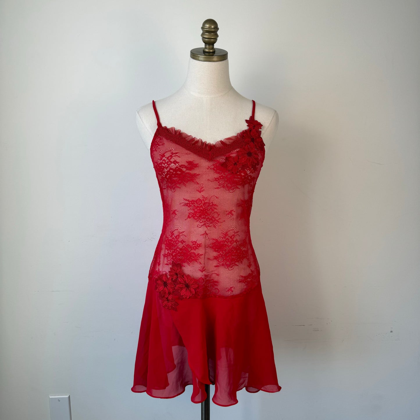Red Semi Sheer Mesh Floral Embroidered Mini Slip Dress