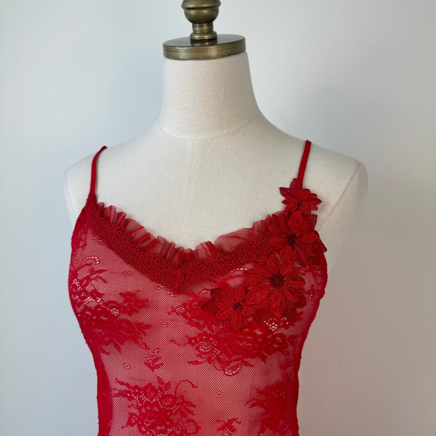 Red Semi Sheer Mesh Floral Embroidered Mini Slip Dress