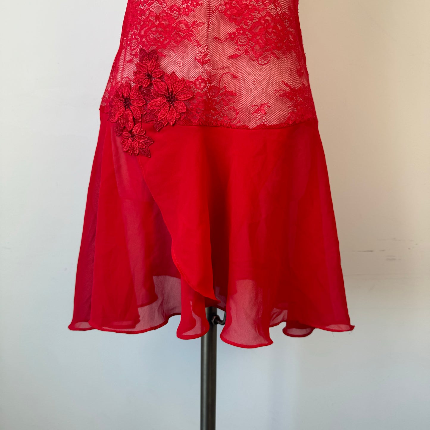 Red Semi Sheer Mesh Floral Embroidered Mini Slip Dress