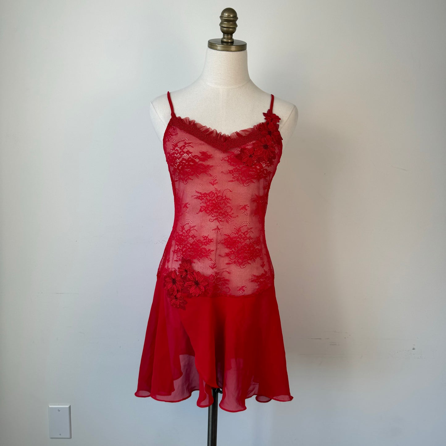 Red Semi Sheer Mesh Floral Embroidered Mini Slip Dress