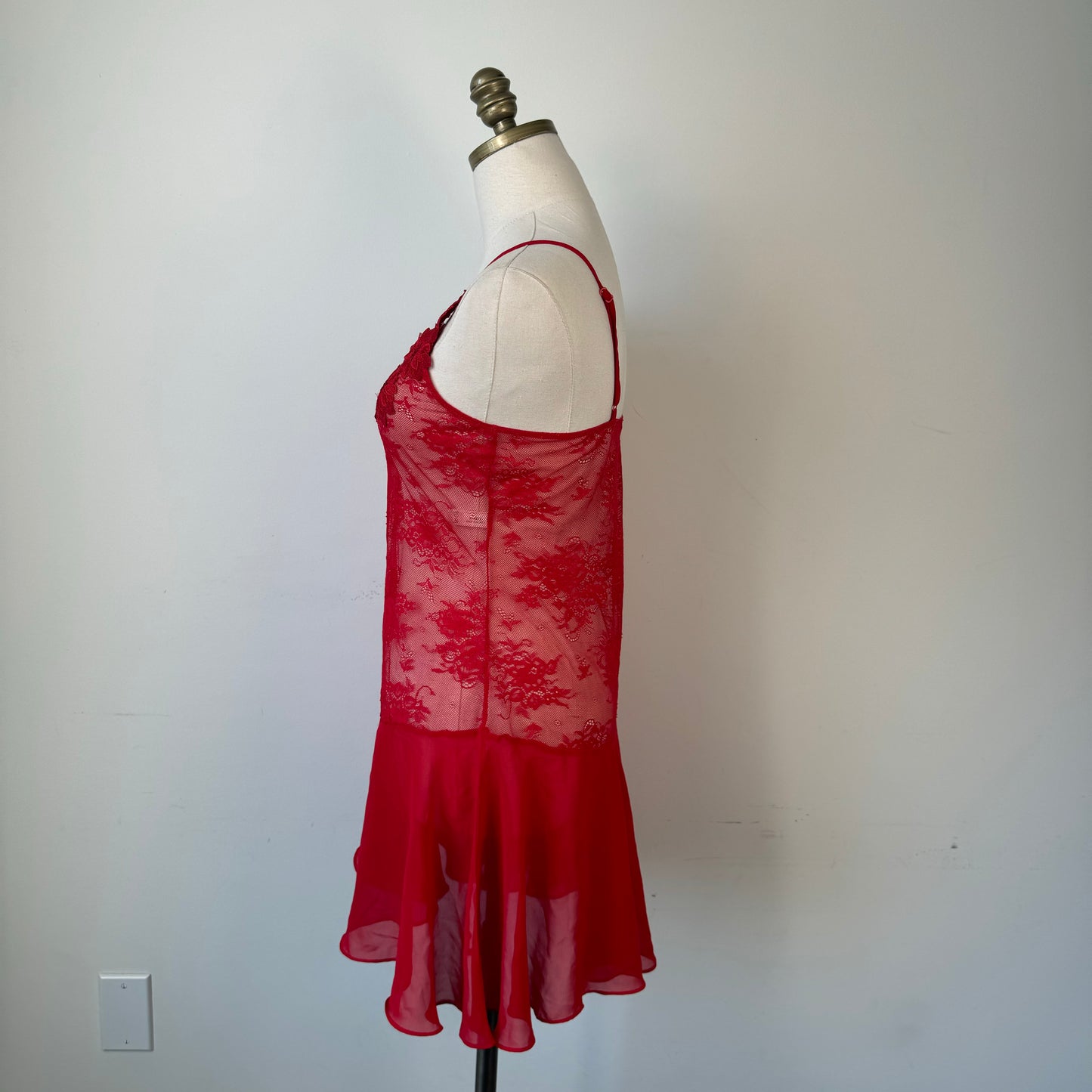 Red Semi Sheer Mesh Floral Embroidered Mini Slip Dress