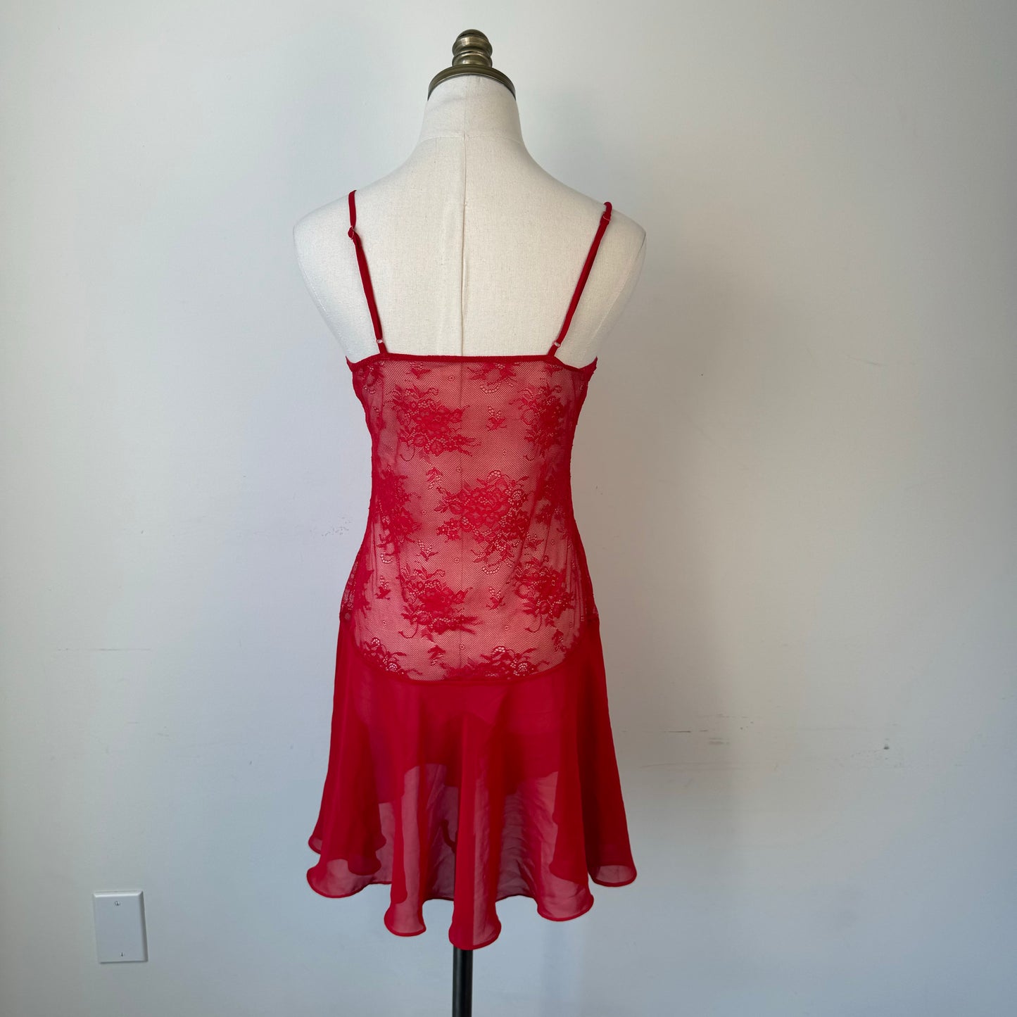 Red Semi Sheer Mesh Floral Embroidered Mini Slip Dress