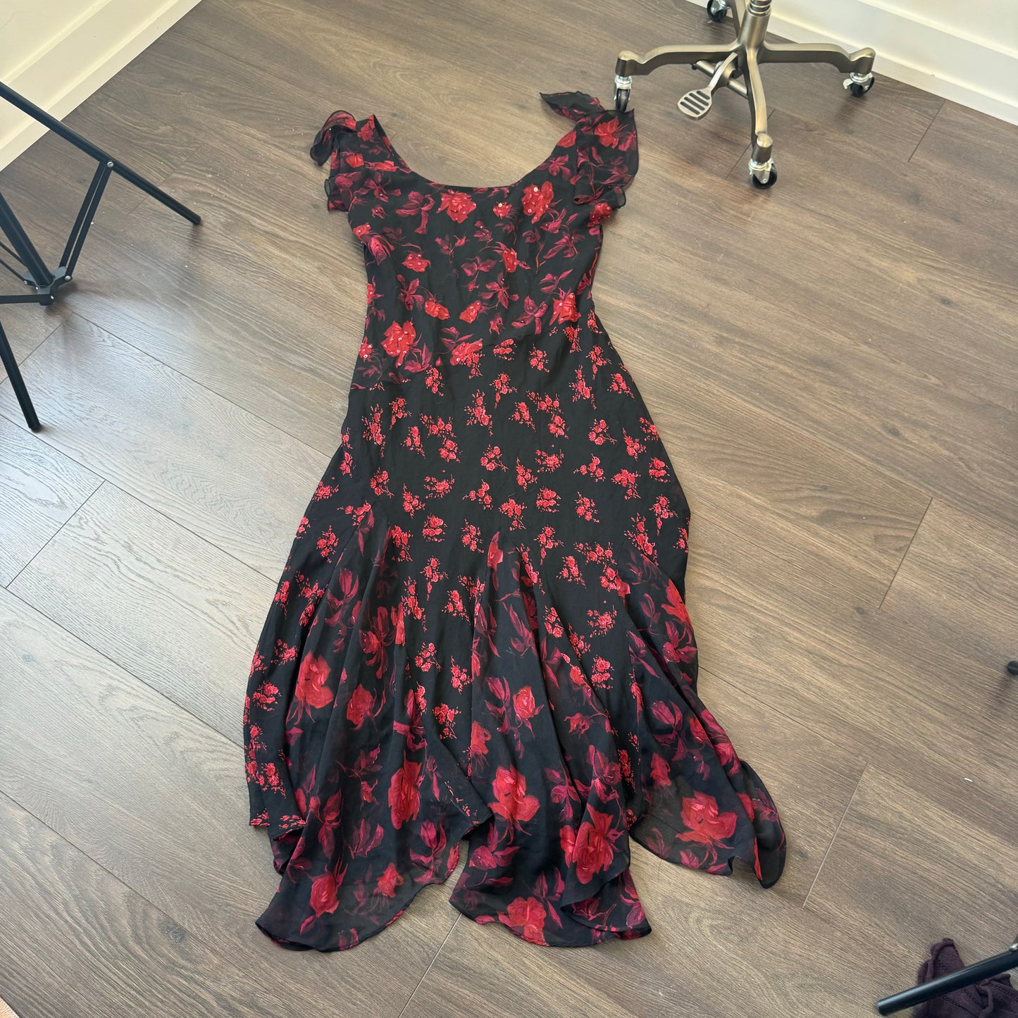 Vintage Red Chiffon Floral Print Mesh Maxi Dress