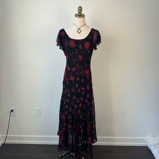 Vintage Red Chiffon Floral Print Mesh Maxi Dress