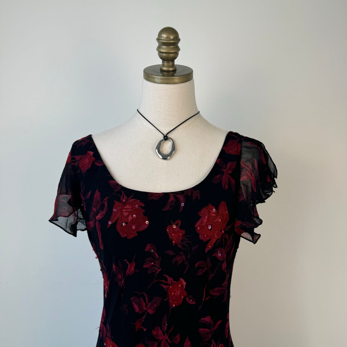 Vintage Red Chiffon Floral Print Mesh Maxi Dress