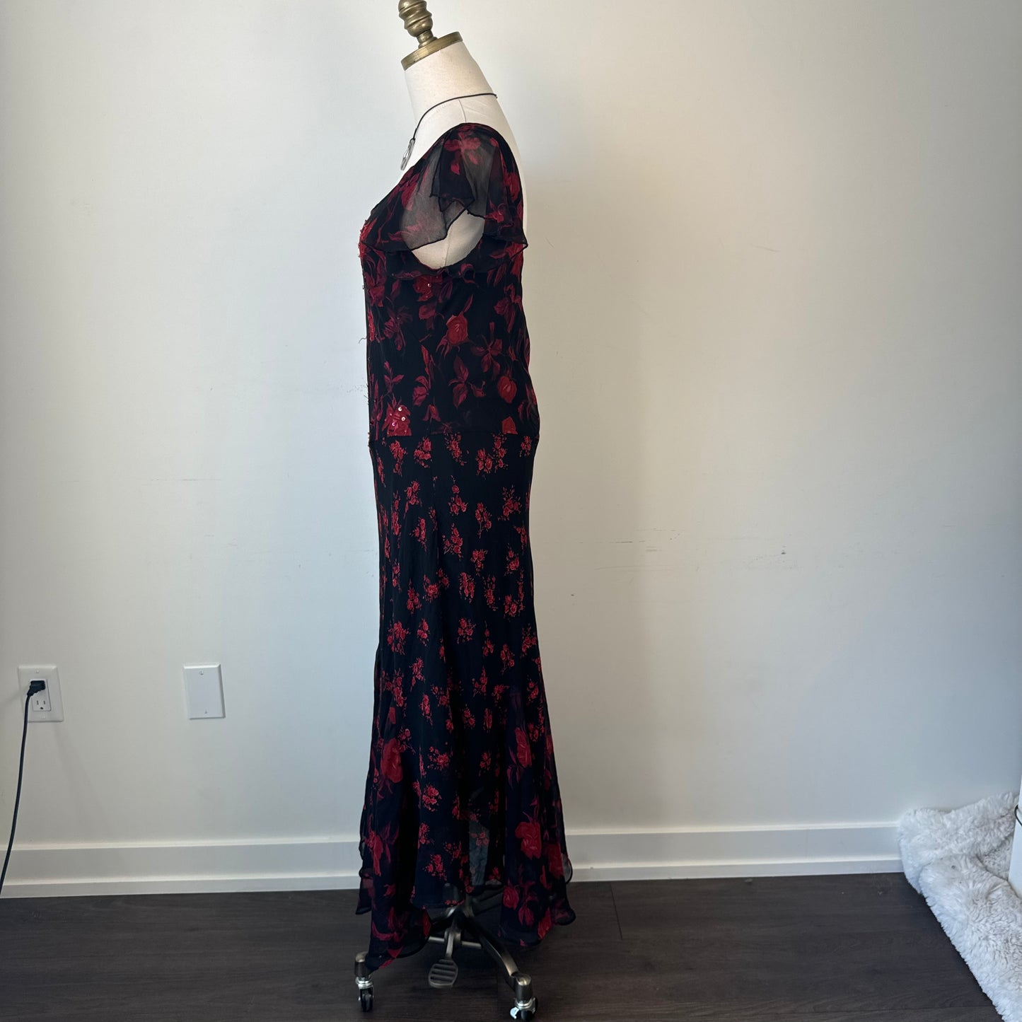 Vintage Red Chiffon Floral Print Mesh Maxi Dress