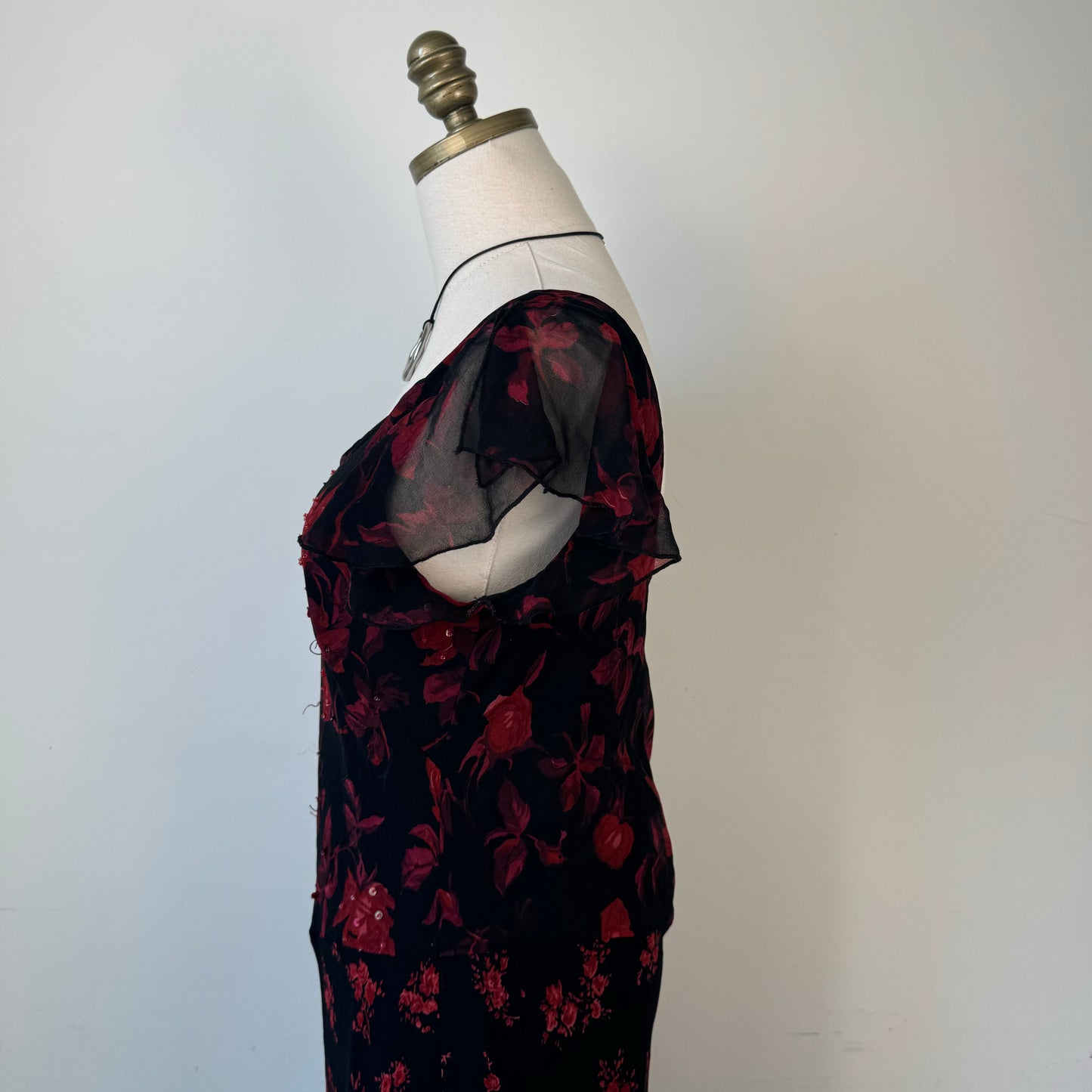 Vintage Red Chiffon Floral Print Mesh Maxi Dress