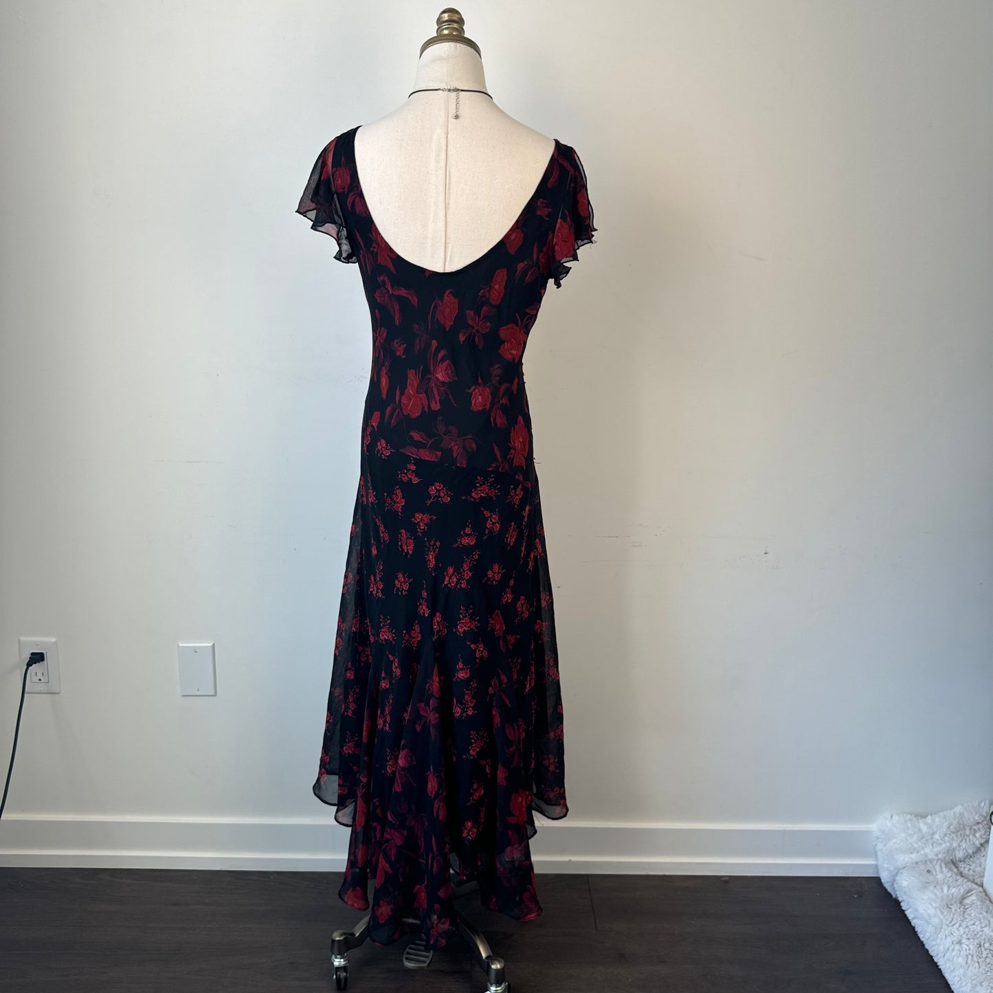 Vintage Red Chiffon Floral Print Mesh Maxi Dress
