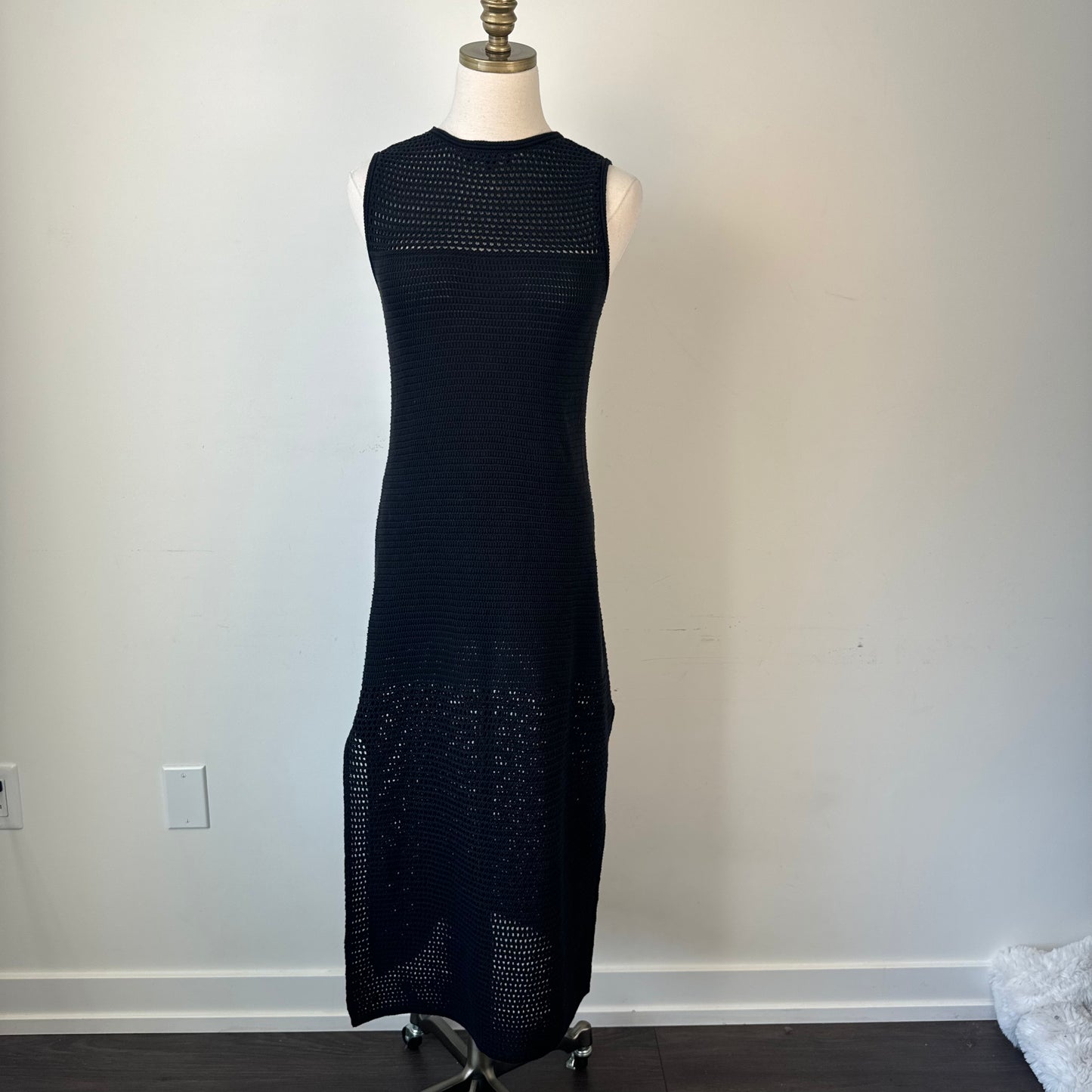 Black Cotton Open Knit Slit Midi Maxi Dress