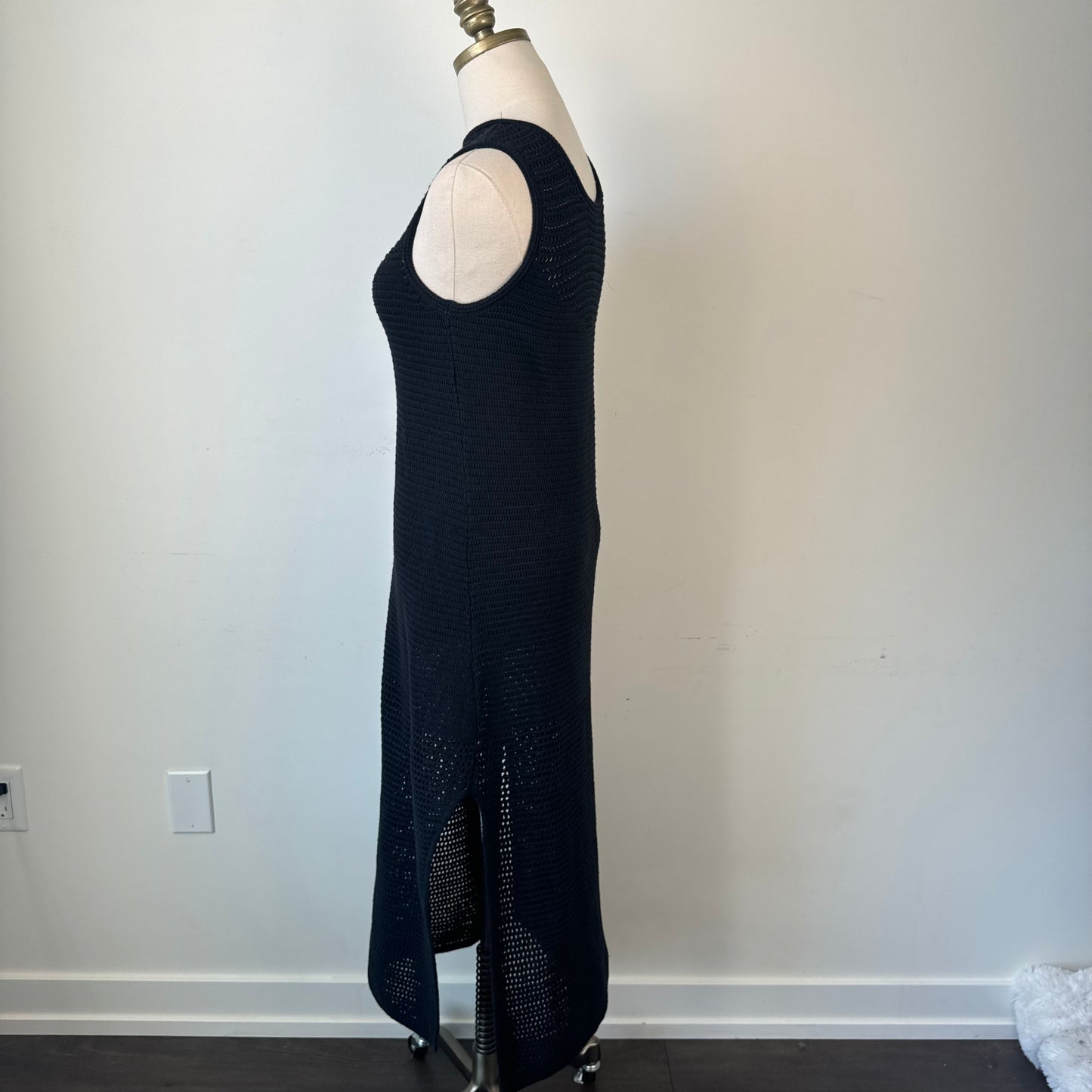 Black Cotton Open Knit Slit Midi Maxi Dress