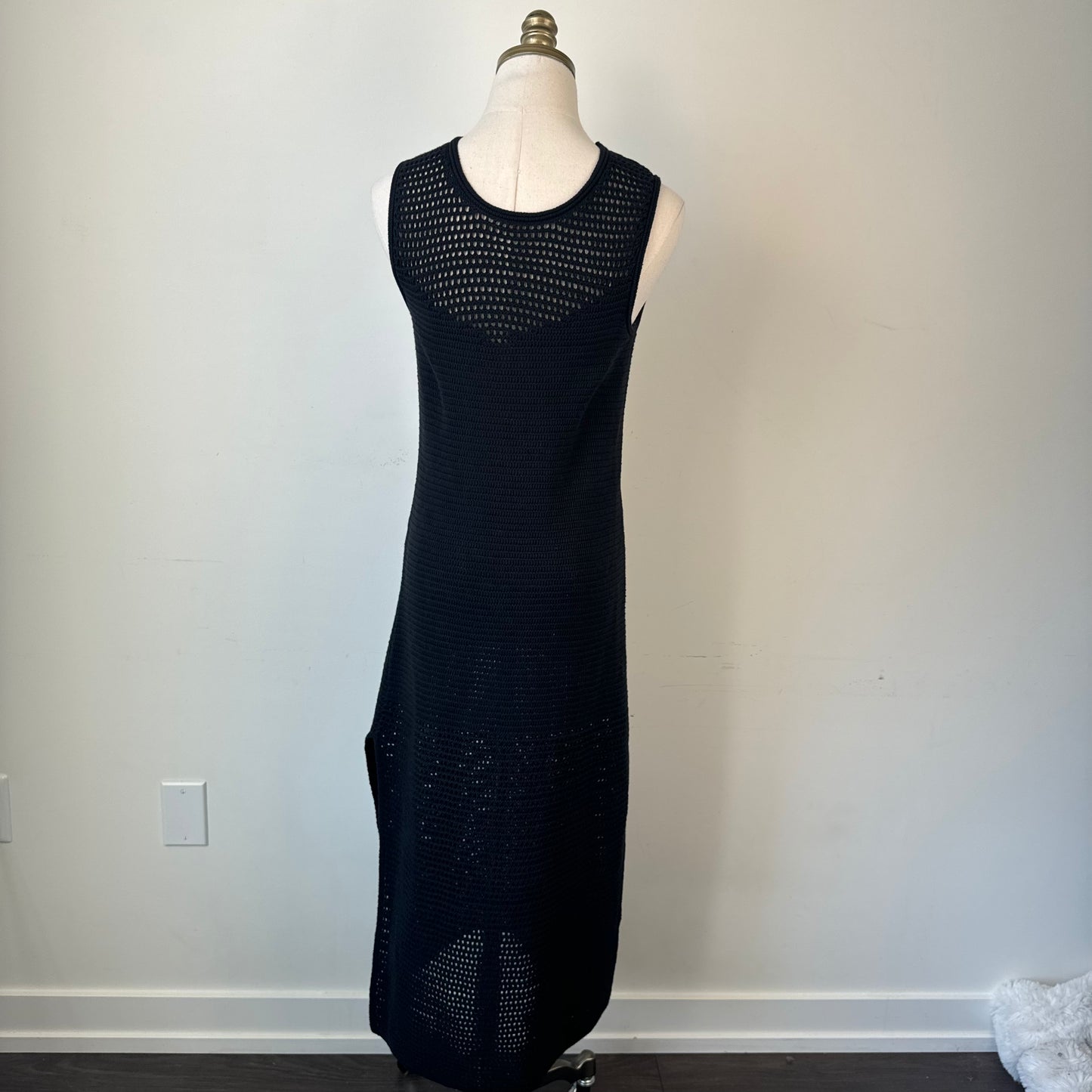 Black Cotton Open Knit Slit Midi Maxi Dress