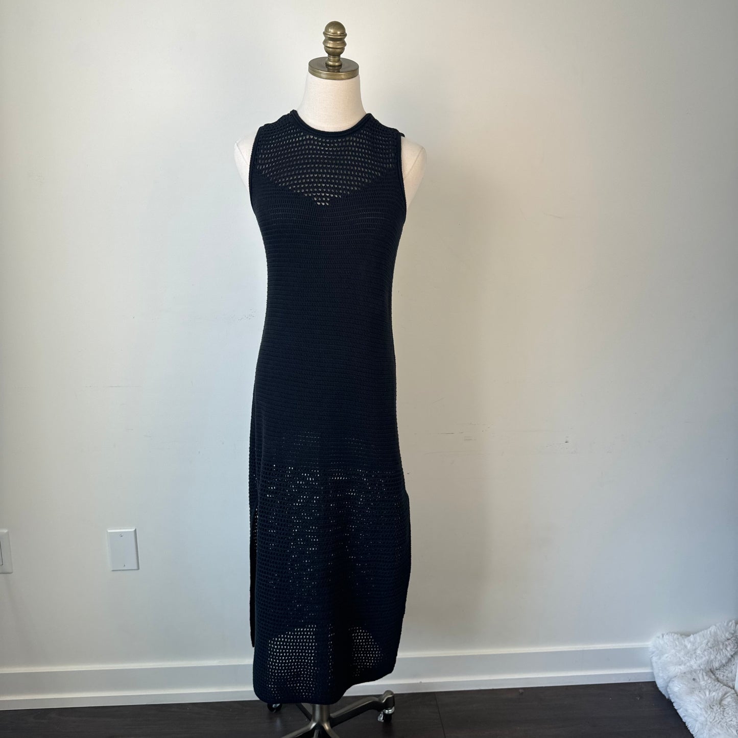 Black Cotton Open Knit Slit Midi Maxi Dress