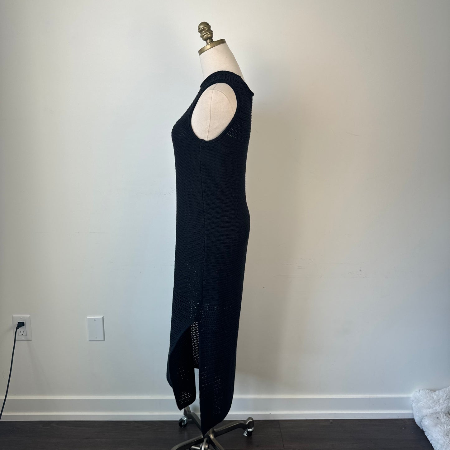 Black Cotton Open Knit Slit Midi Maxi Dress