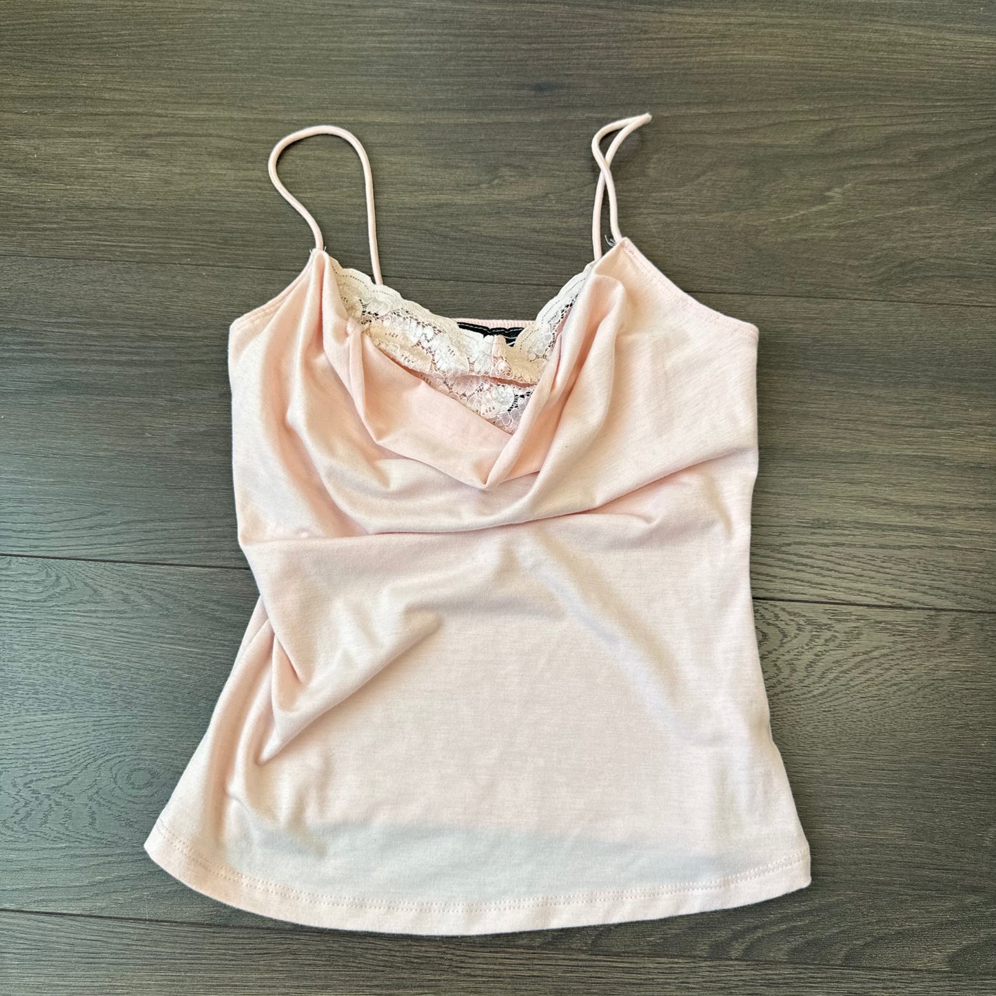 Vintage Baby Pink Lace Trim Cowl Neck Cami