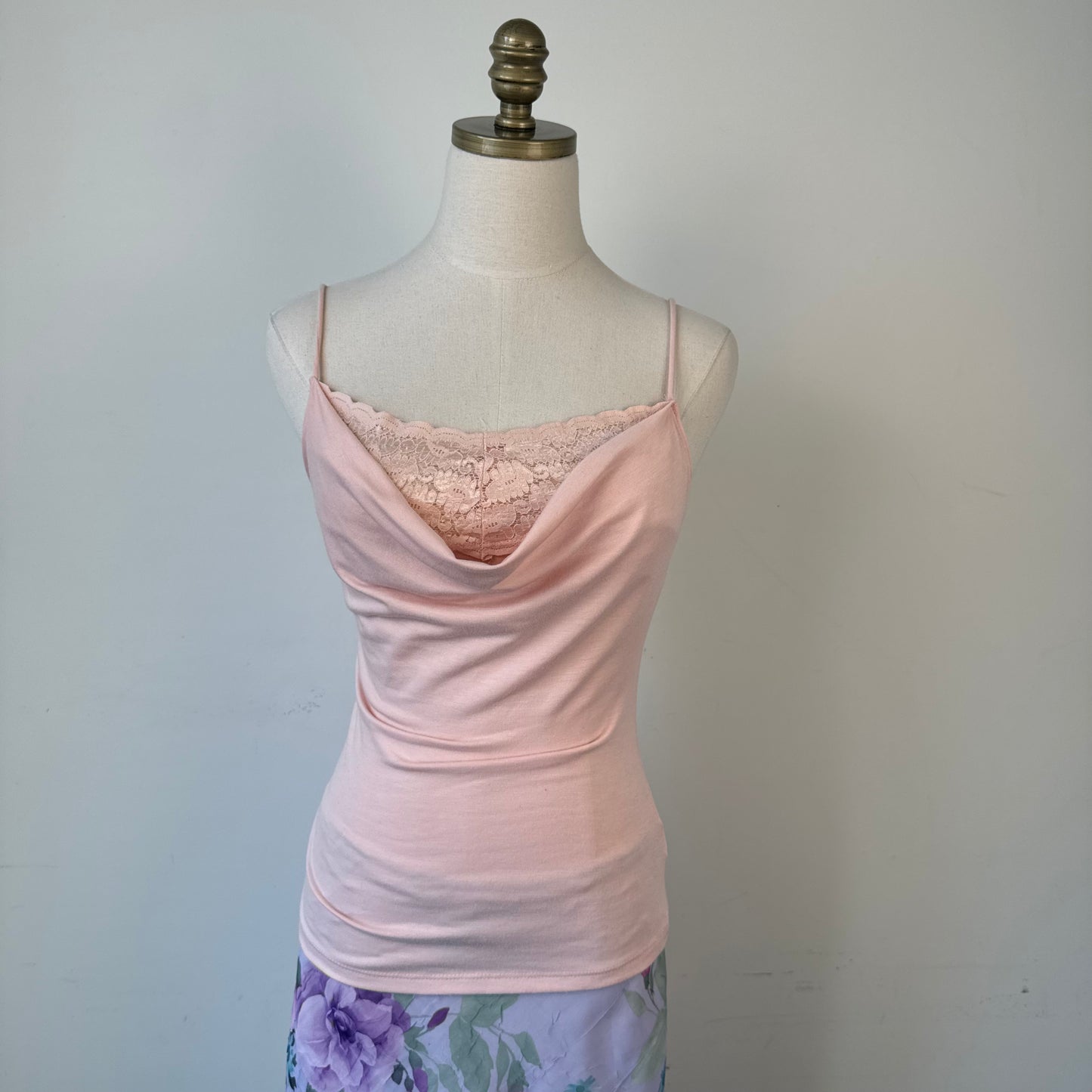 Vintage Baby Pink Lace Trim Cowl Neck Cami