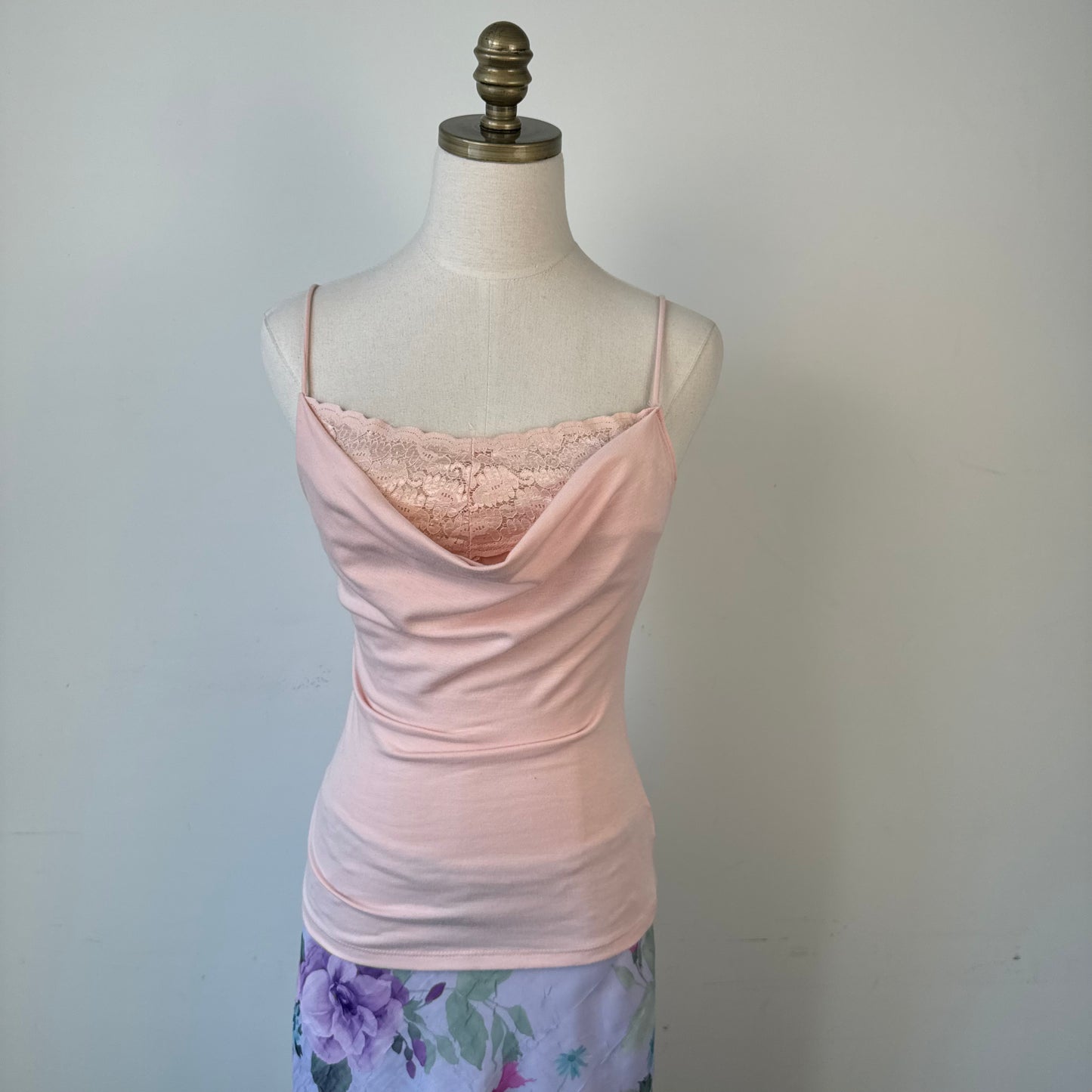 Vintage Baby Pink Lace Trim Cowl Neck Cami