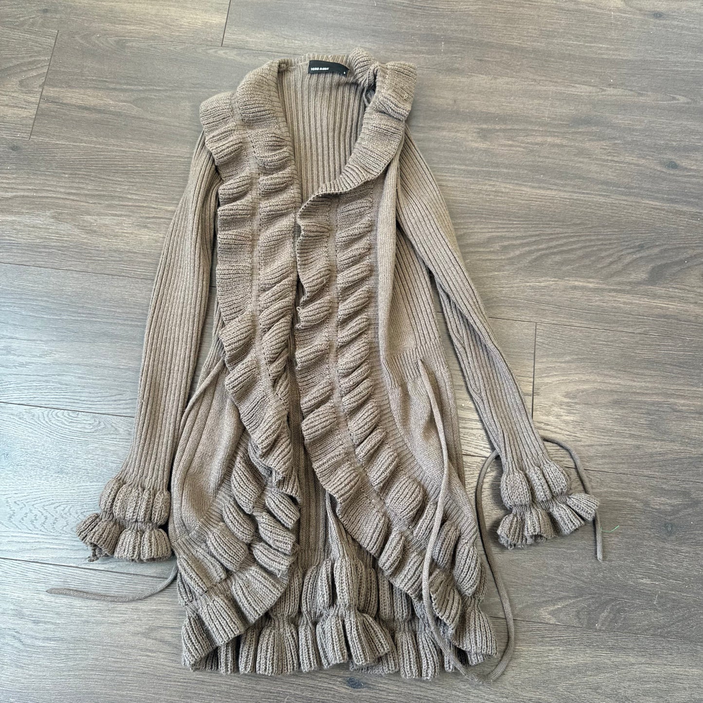 Mocha Brown Ruffled Bell Sleeve Open Front Cardigan