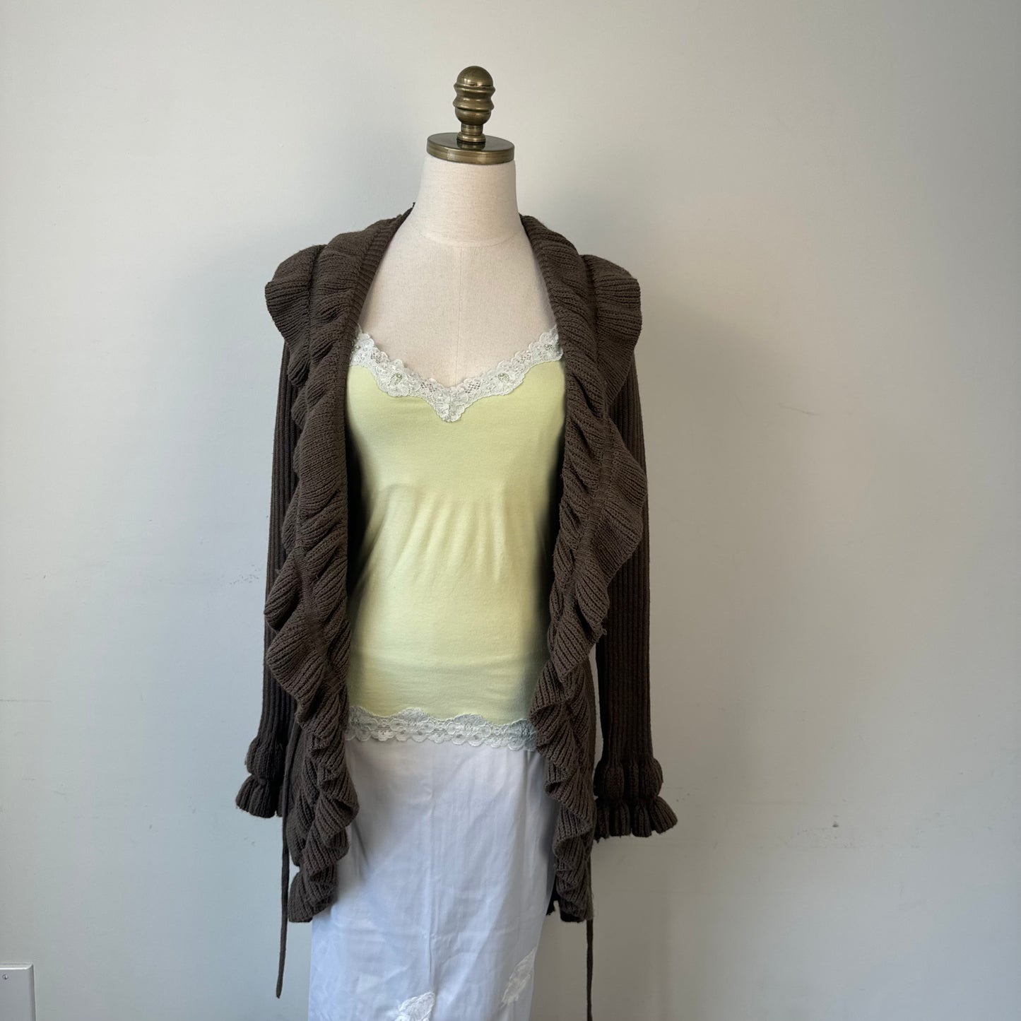 Mocha Brown Ruffled Bell Sleeve Open Front Cardigan