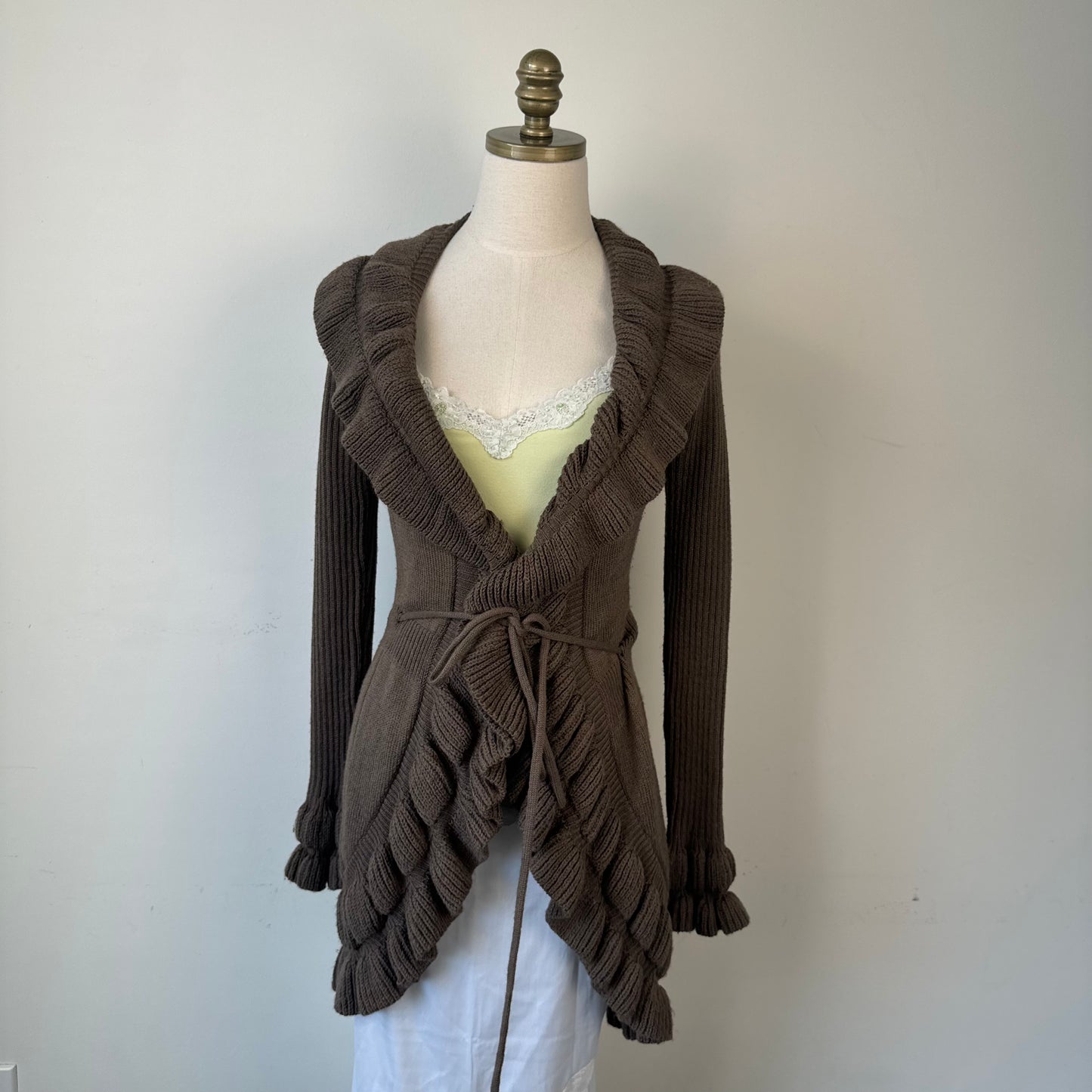 Mocha Brown Ruffled Bell Sleeve Open Front Cardigan