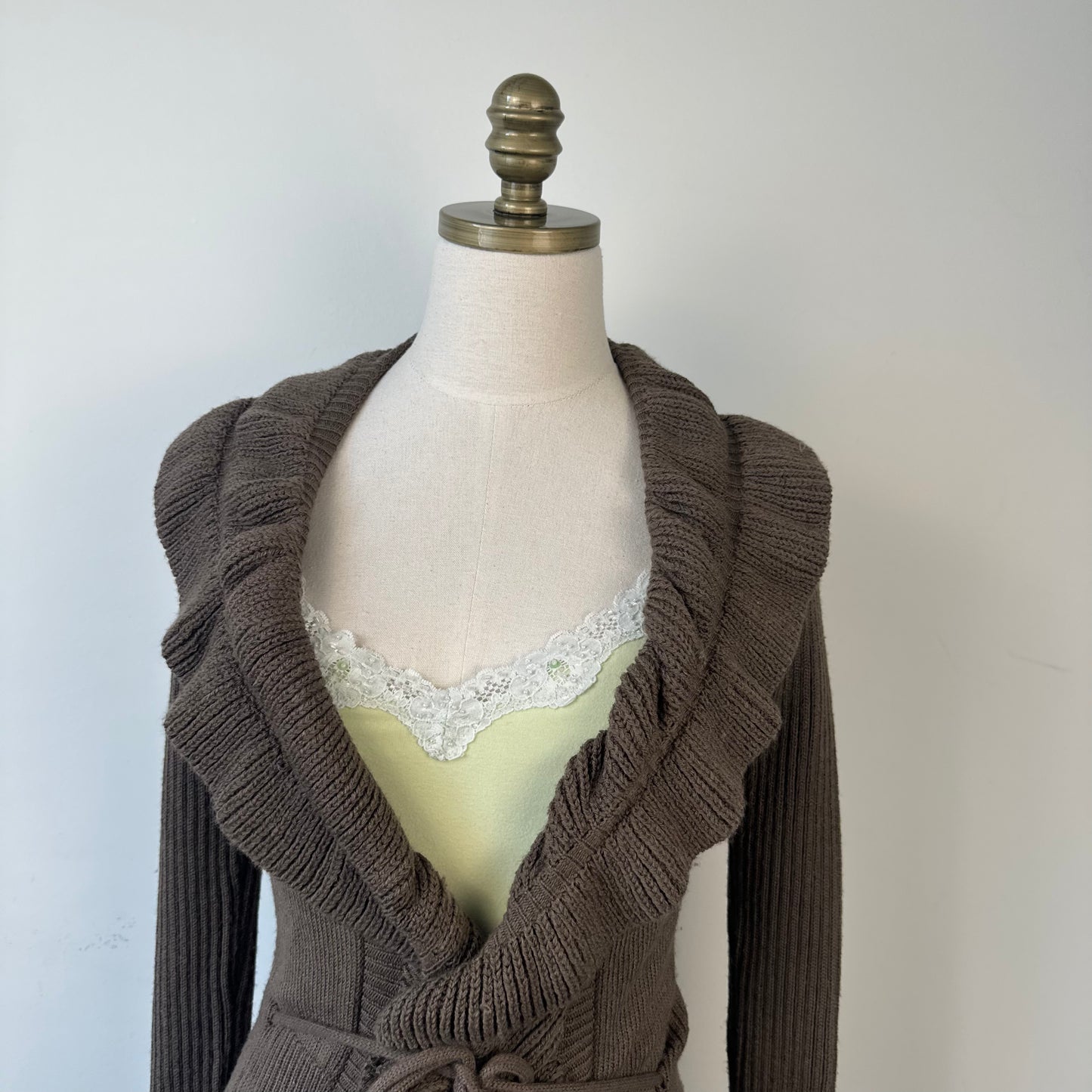 Mocha Brown Ruffled Bell Sleeve Open Front Cardigan