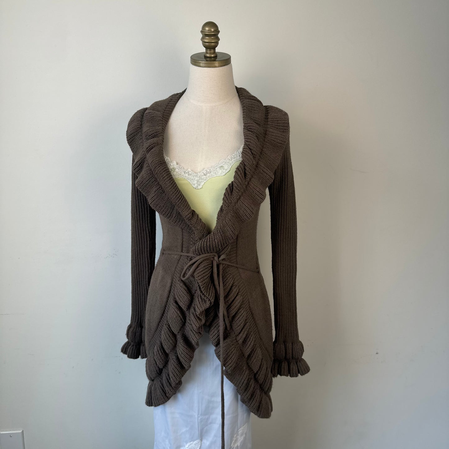 Mocha Brown Ruffled Bell Sleeve Open Front Cardigan