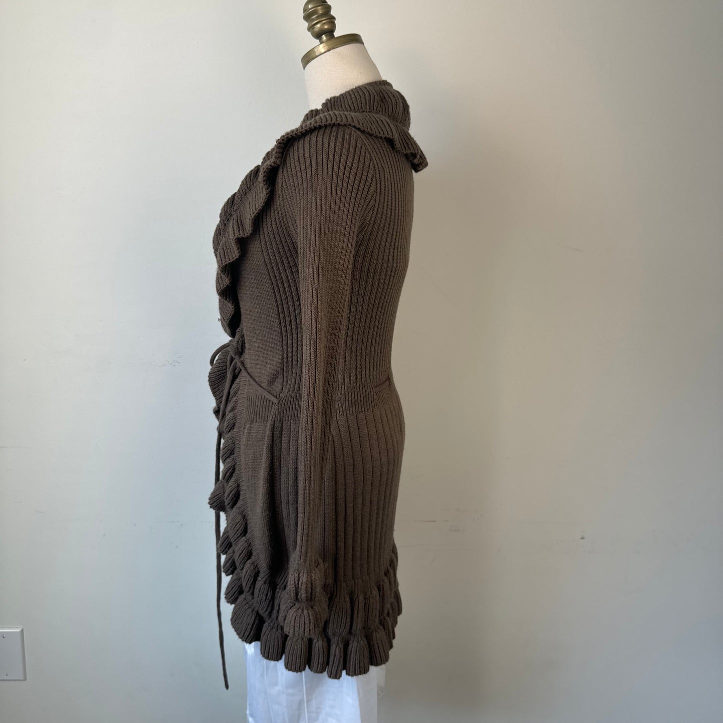 Mocha Brown Ruffled Bell Sleeve Open Front Cardigan