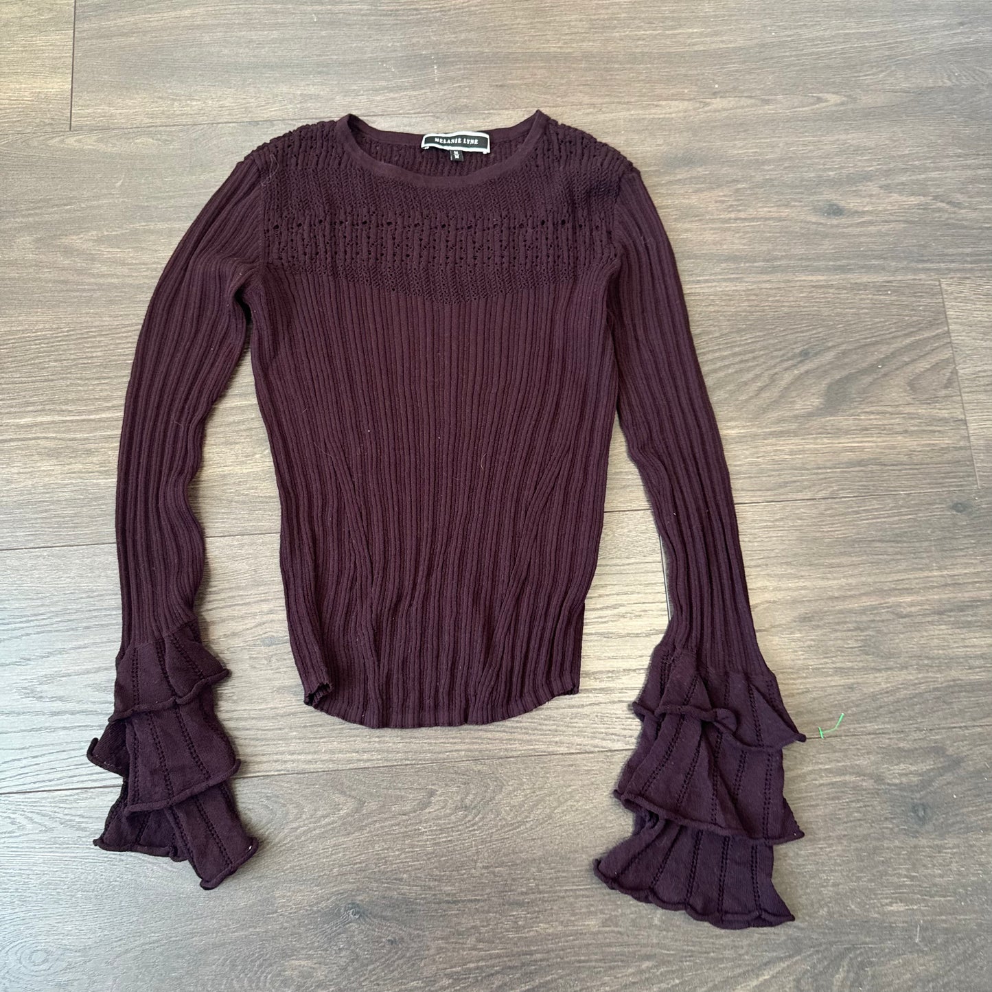 Burgundy Knit Ruffled Bell Sleeve Fitted Top
