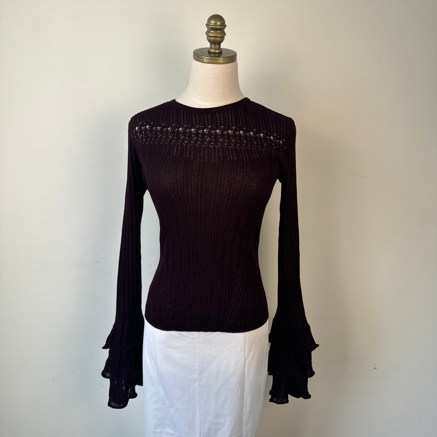 Burgundy Knit Ruffled Bell Sleeve Fitted Top