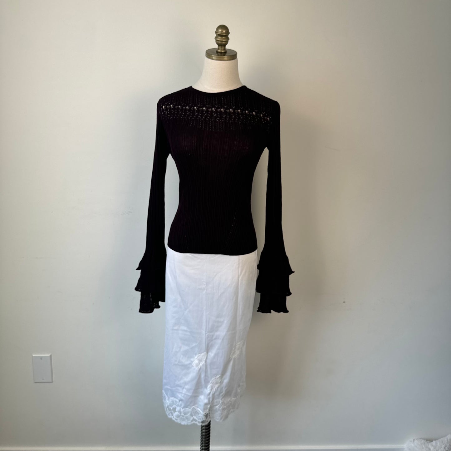 Burgundy Knit Ruffled Bell Sleeve Fitted Top