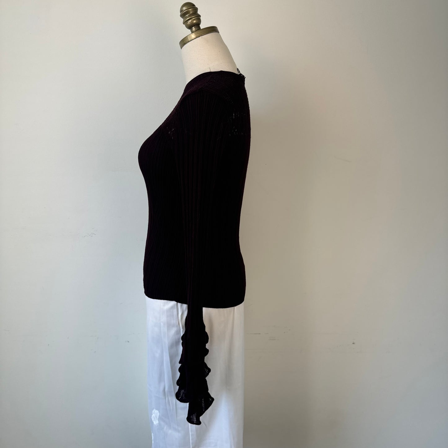 Burgundy Knit Ruffled Bell Sleeve Fitted Top