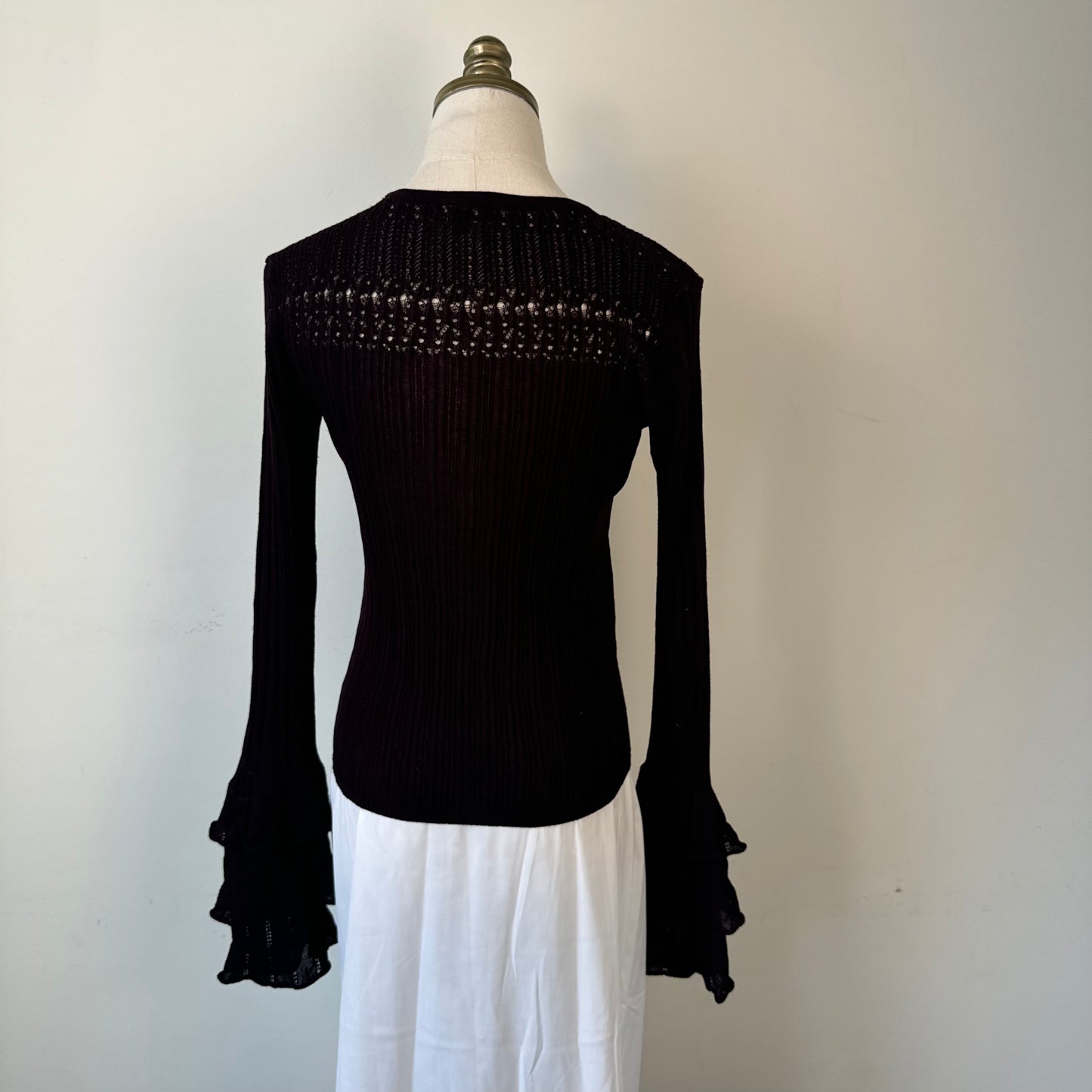 Burgundy Knit Ruffled Bell Sleeve Fitted Top
