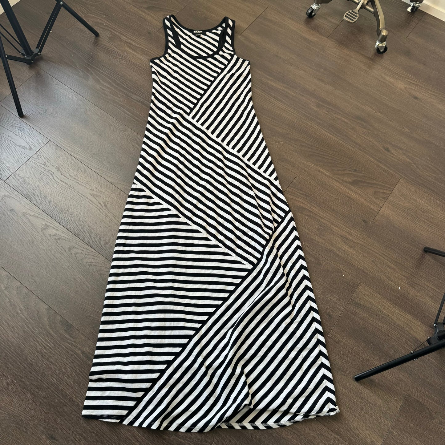 DKNY White and Black Striped Fitted Maxi Dress