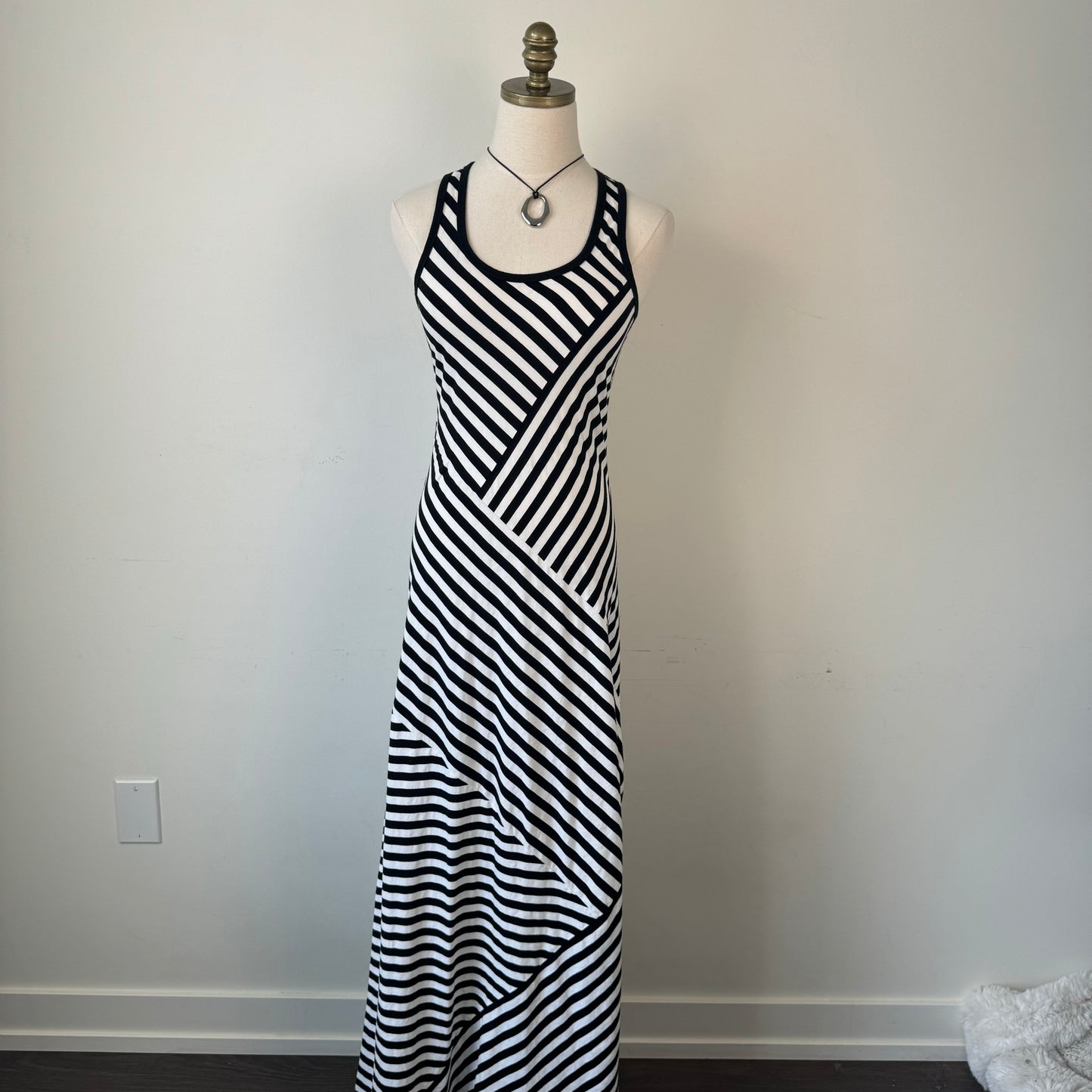 DKNY White and Black Striped Fitted Maxi Dress