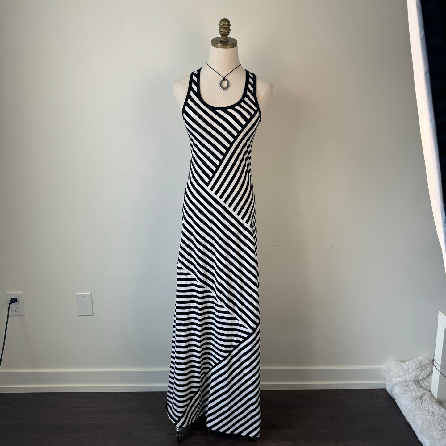 DKNY White and Black Striped Fitted Maxi Dress
