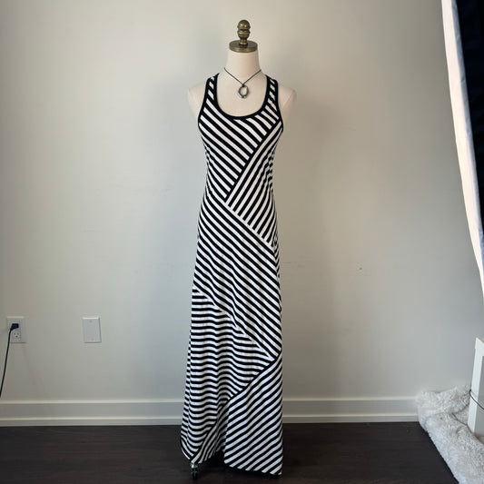 DKNY White and Black Striped Fitted Maxi Dress