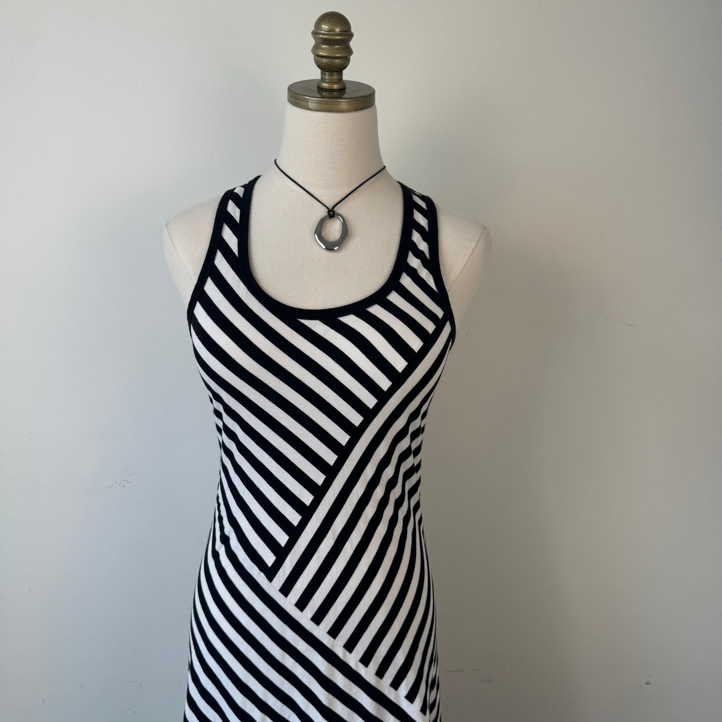 DKNY White and Black Striped Fitted Maxi Dress