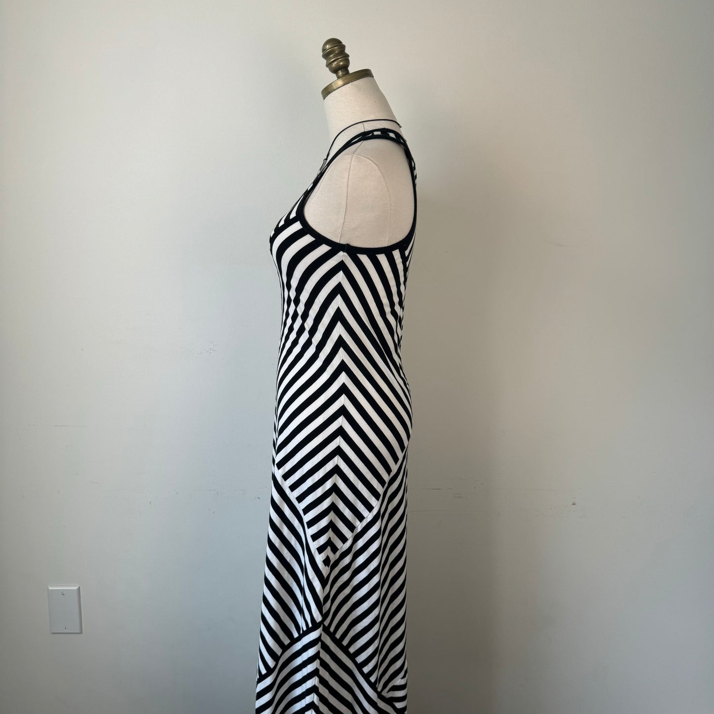 DKNY White and Black Striped Fitted Maxi Dress