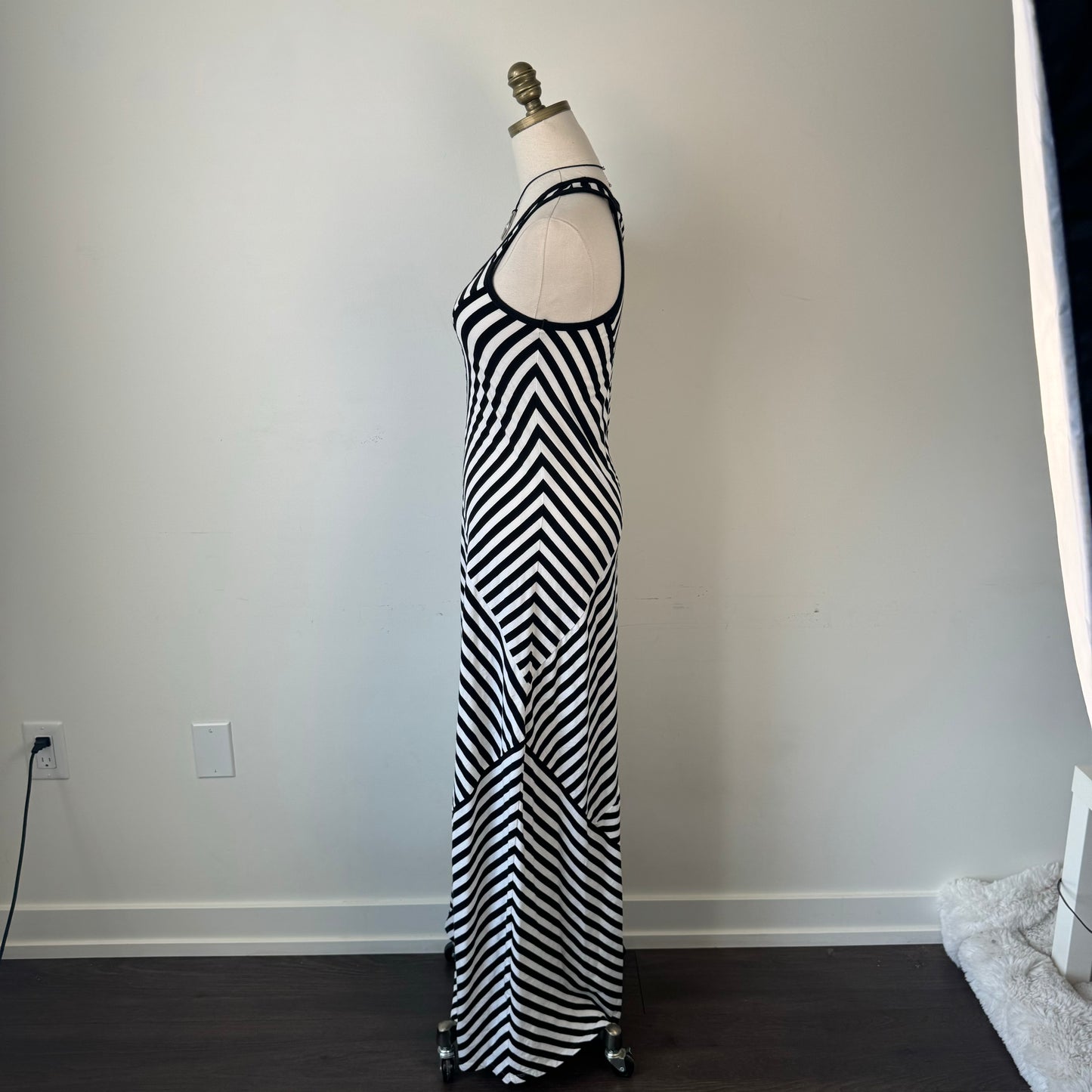 DKNY White and Black Striped Fitted Maxi Dress