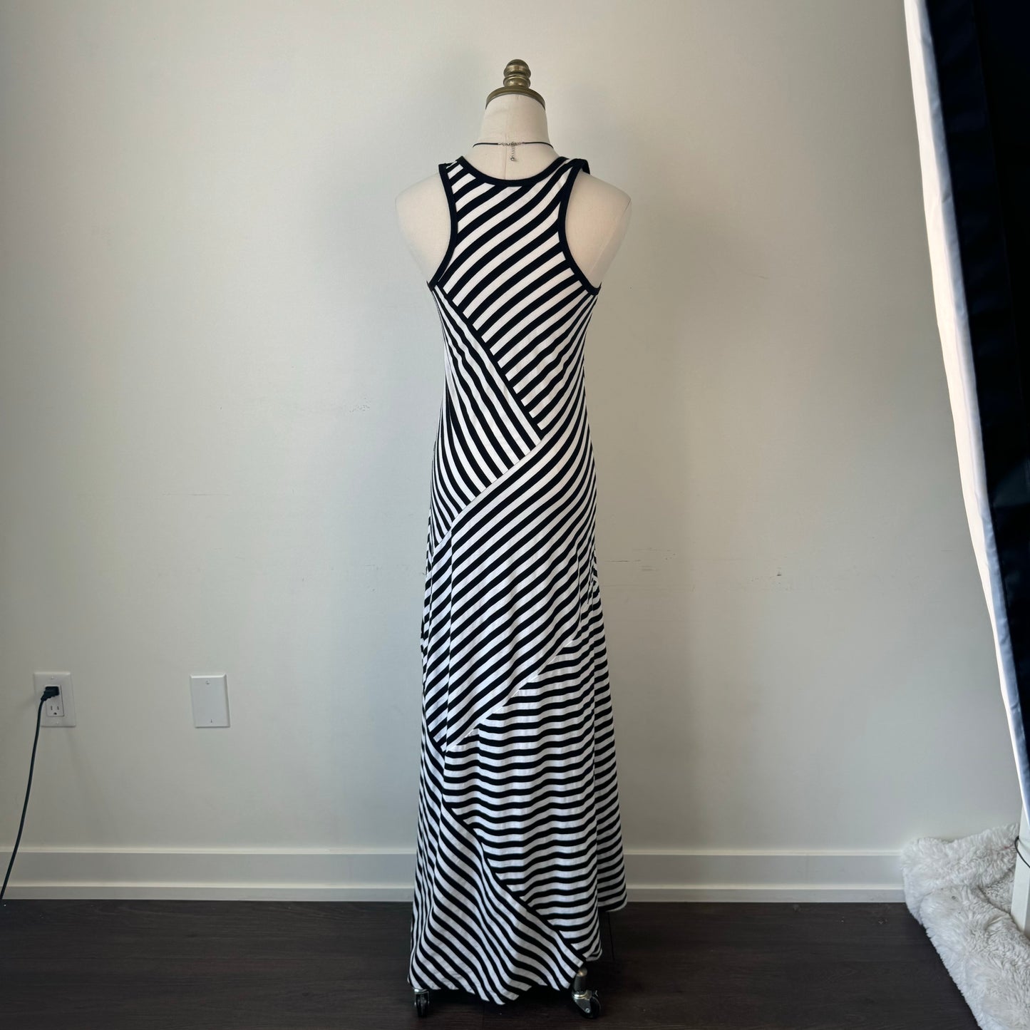DKNY White and Black Striped Fitted Maxi Dress