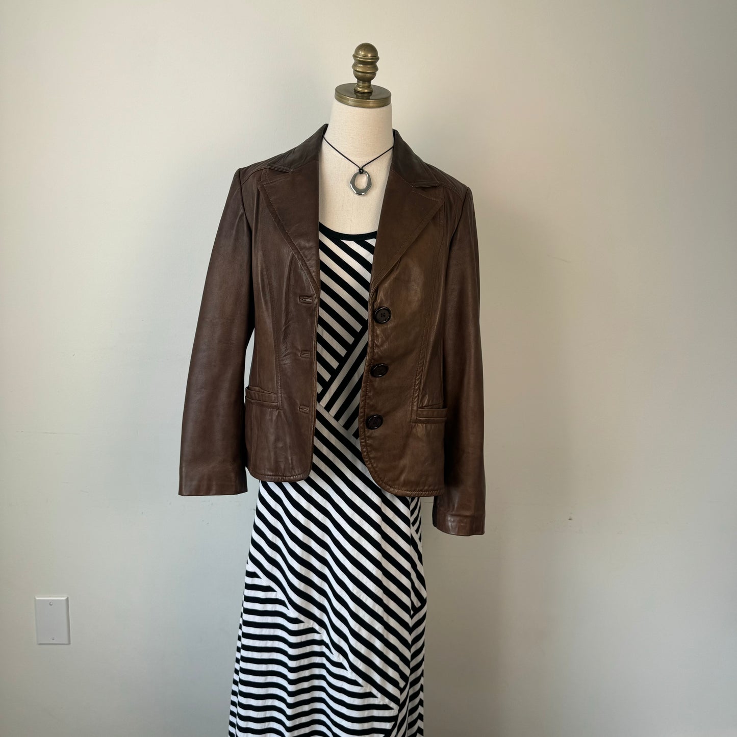 DKNY White and Black Striped Fitted Maxi Dress