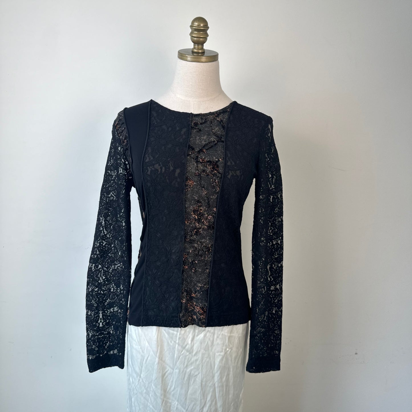 Vintage Black Floral Lace Patchwork Long Sleeve Top
