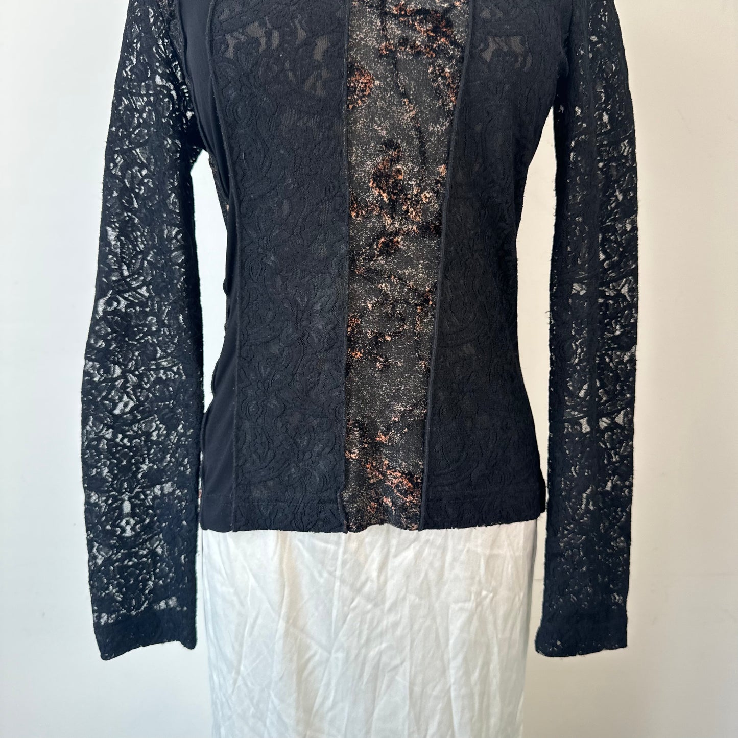 Vintage Black Floral Lace Patchwork Long Sleeve Top