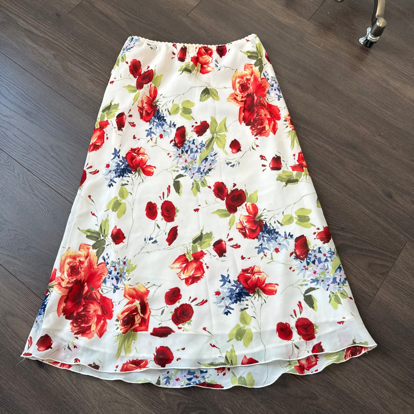 Vintage White Floral Chiffon Mesh Overlay Maxi Skirt