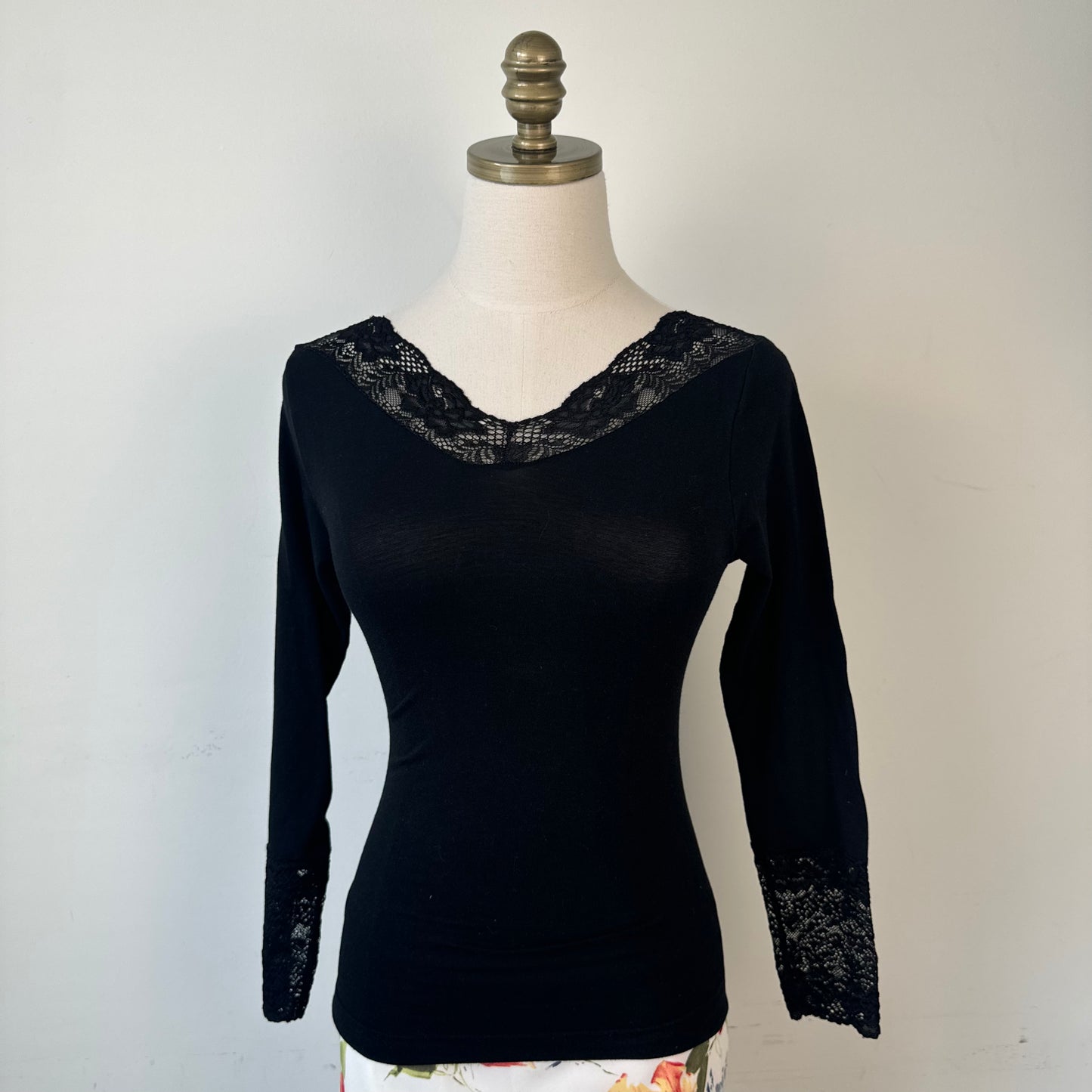 Black Fitted Lace Trim Off Shoulder Knit Long Sleeve Top