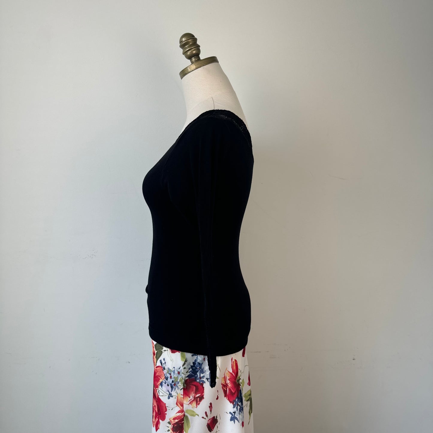 Black Fitted Lace Trim Off Shoulder Knit Long Sleeve Top