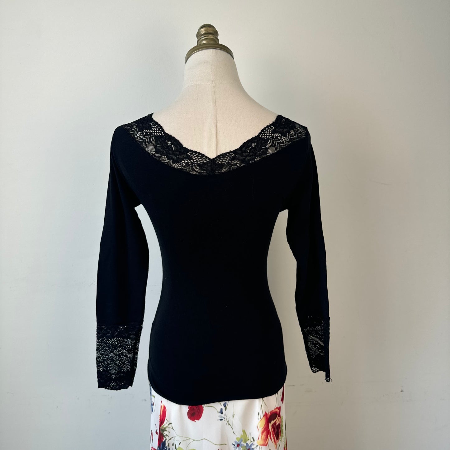 Black Fitted Lace Trim Off Shoulder Knit Long Sleeve Top