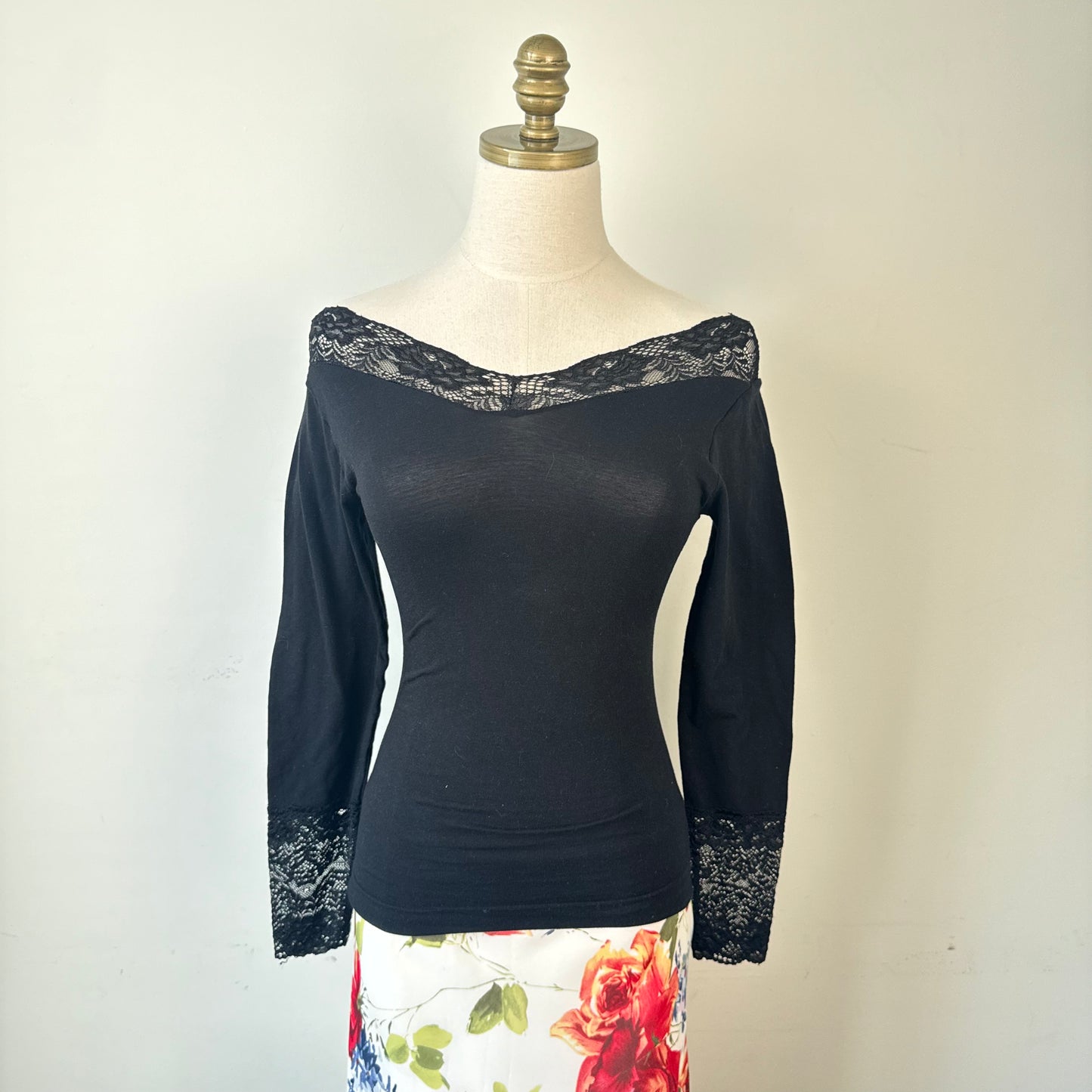 Black Fitted Lace Trim Off Shoulder Knit Long Sleeve Top