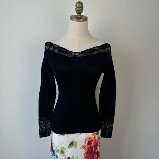 Black Fitted Lace Trim Off Shoulder Knit Long Sleeve Top