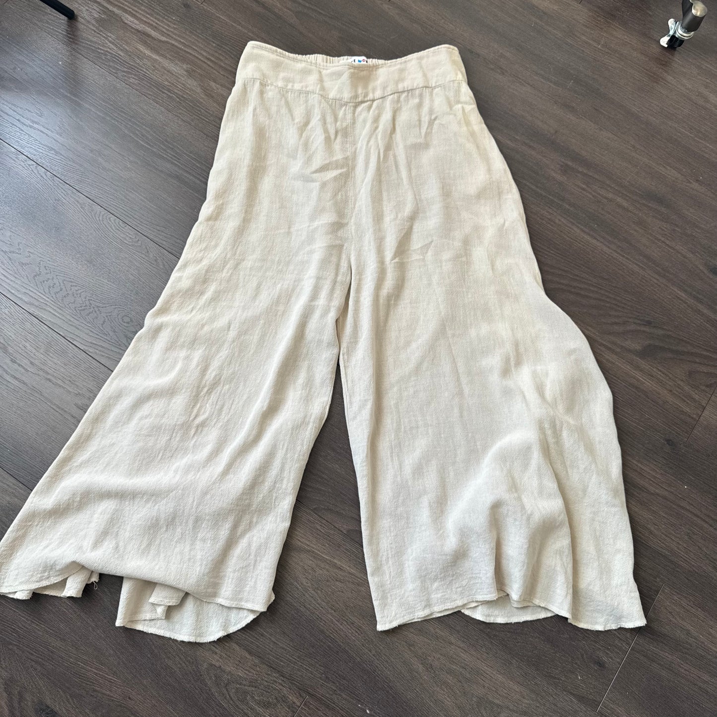 Beige Wide Leg Flared Linen Trousers